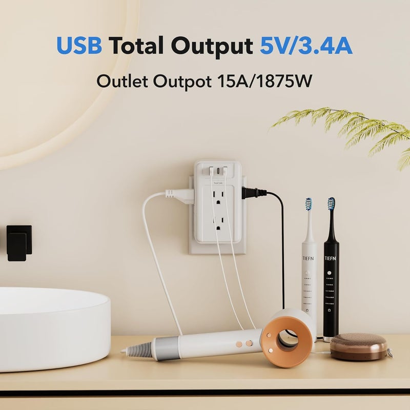 BN-LINK Multi Plug Outlet 2 Pack, 6 Wall Outlet Extender with 3 USB Charging Ports (1 USB C) Total 3.4A, 3-Sided Outlets Splitter Multiple Outlet Wall Plug for Home Office Dorm Room - Image 5